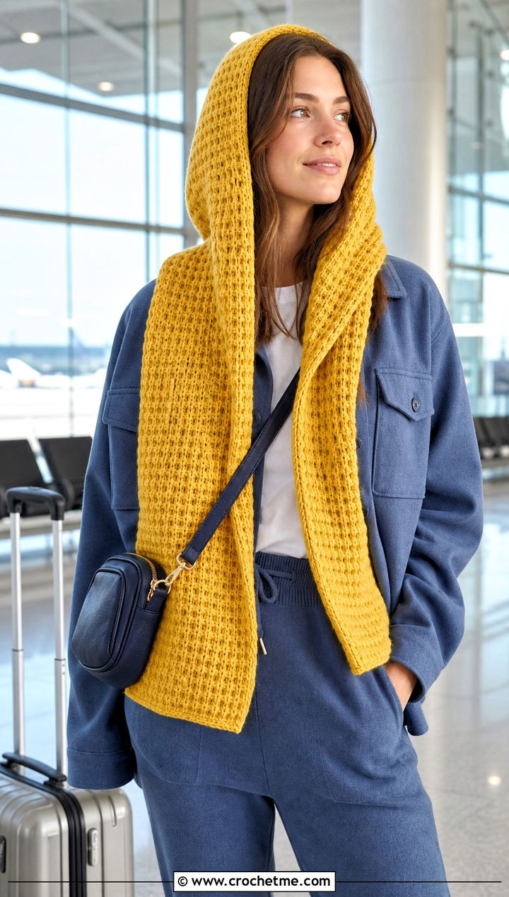 Waffle Stitch Hooded Scarf With Shacket And Joggers - 25 Crochet Hoodie Scarf outfit ideas