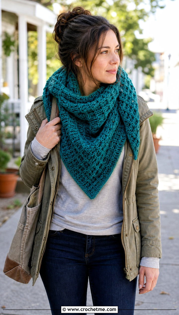 Waffle Stitch Hooded Triangle Crochet Scarf With Utility Jacket - 25 Hooded Triangle Crochet Scarf outfit ideas