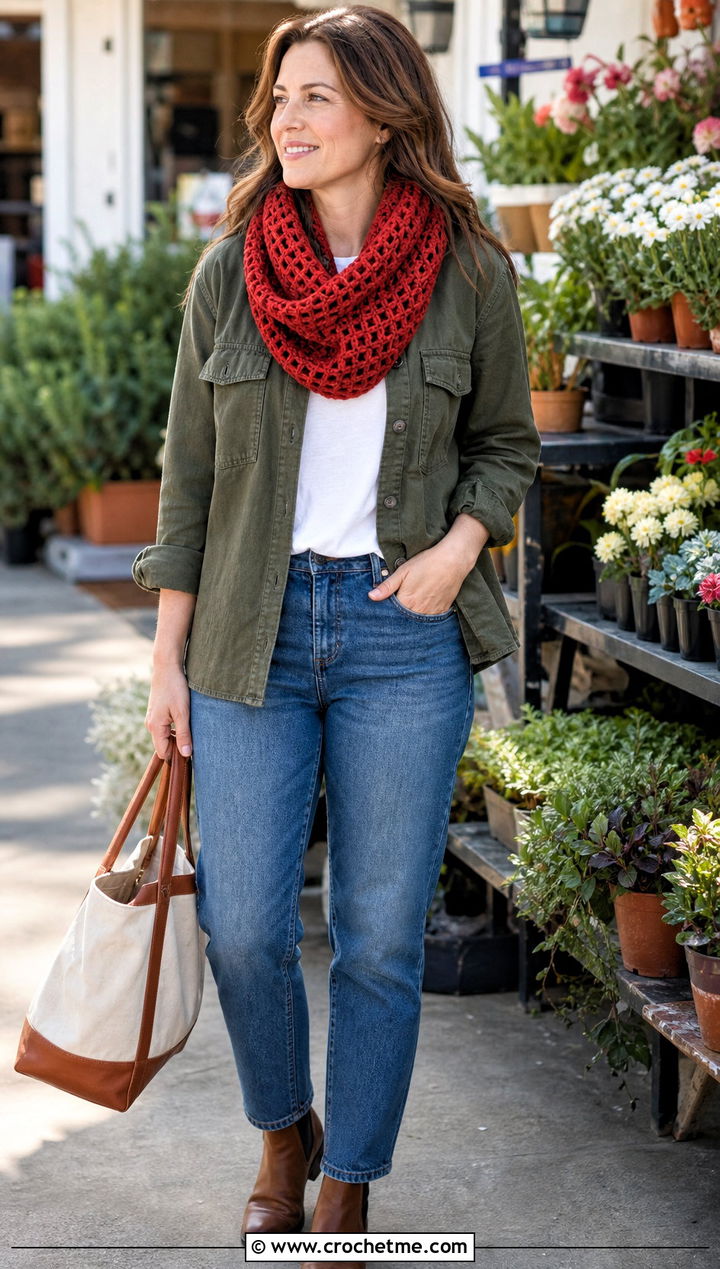 Waffle Stitch Infinity Crochet Scarf With Shacket And Jeans - 15 Infinity Crochet Scarf outfit ideas