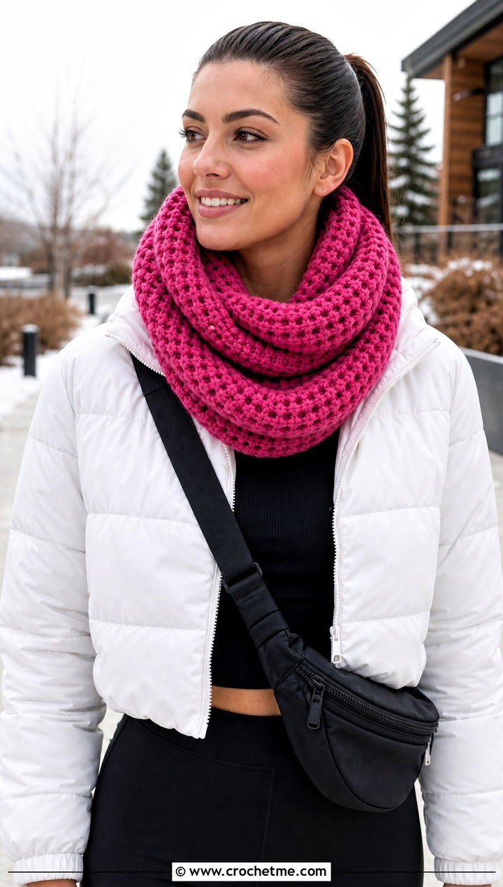 Waffle Stitch Infinity Scarf With Puffer Jacket - 30 waffle stitch crochet scarf outfit ideas
