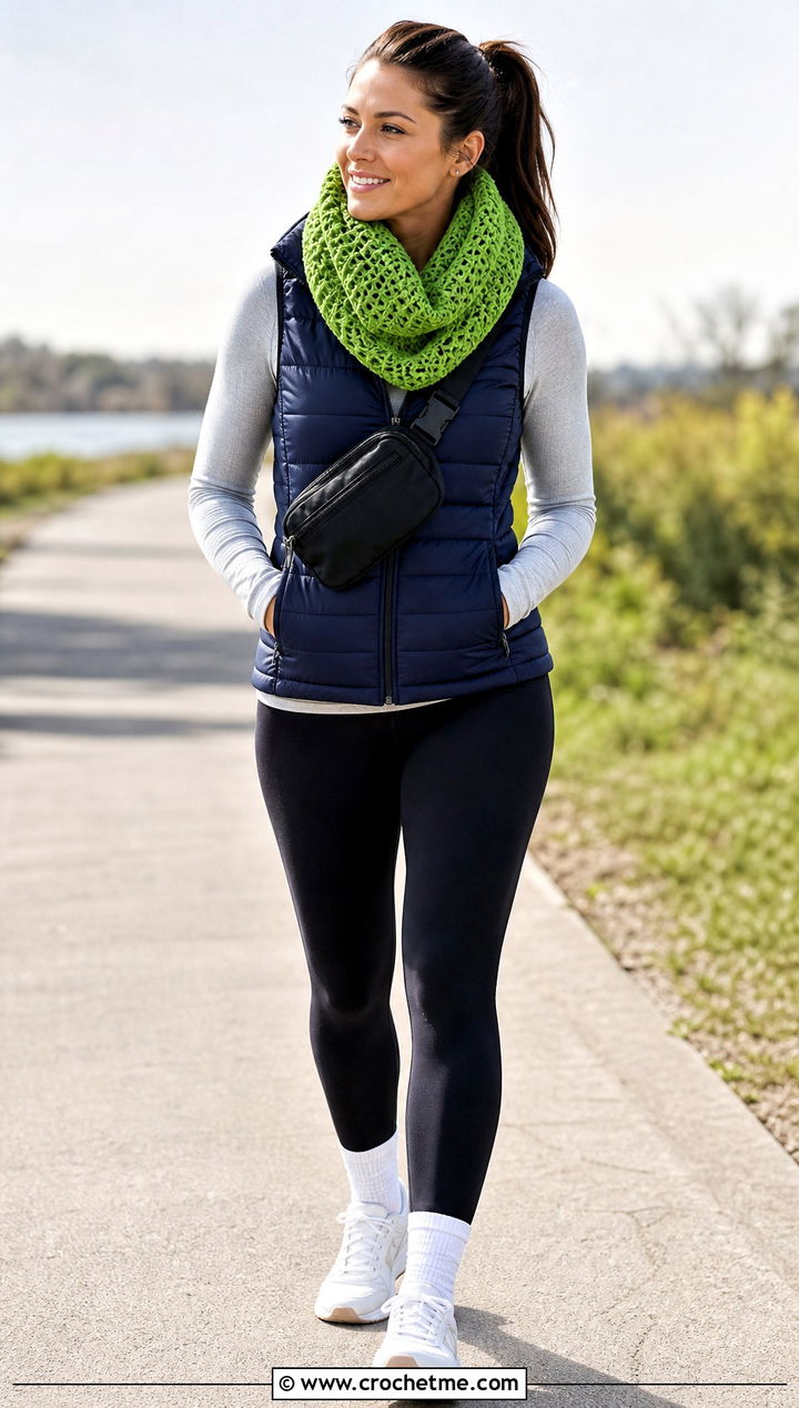 Waffle Stitch Infinity Scarf With Puffer Vest - 15 One Skein Crochet Infinity Scarf outfit ideas
