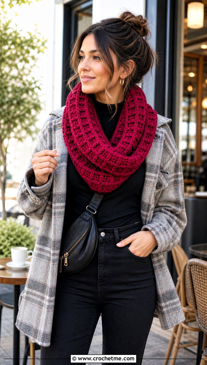 Waffle Stitch Infinity Scarf With Shacket - 30 easy crochet infinity scarf outfit ideas
