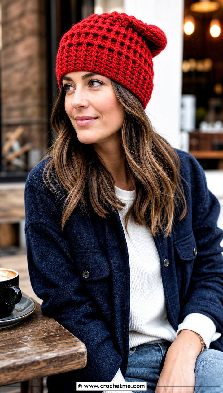 Waffle Stitch Long Crochet Hat With Shacket - 30 crochet long hat outfit ideas