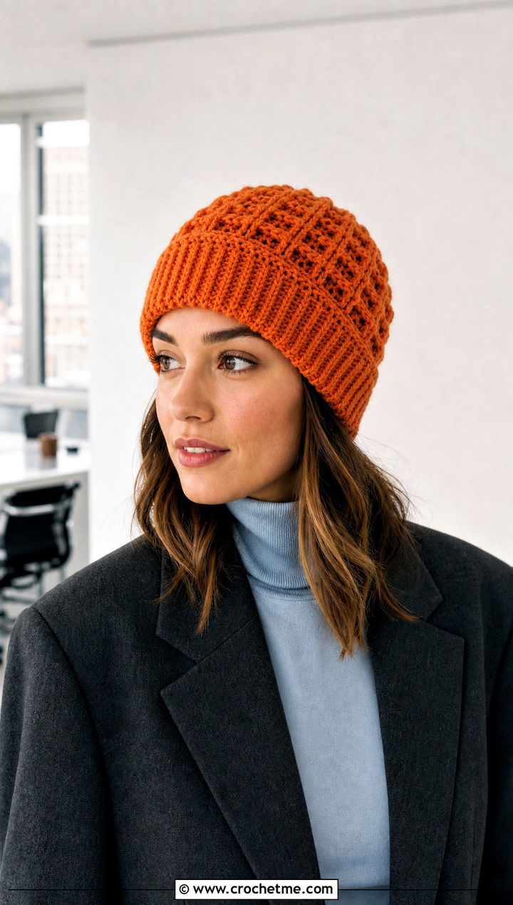 Waffle Stitch Magic Circle Crochet Beanie With Blazer - 25 Crochet Beanie Magic Circle outfit ideas