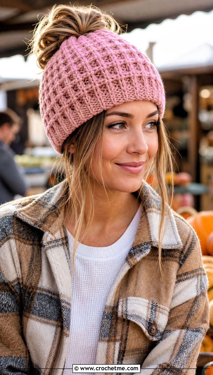 Waffle Stitch Messy Bun Crochet Beanie With Shacket - 30 easy messy bun crochet beanie outfit ideas