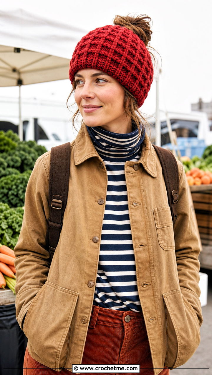 Waffle Stitch Messy Bun Crochet Hat With Chore Coat - 25 Messy Bun Crochet Hat outfit ideas