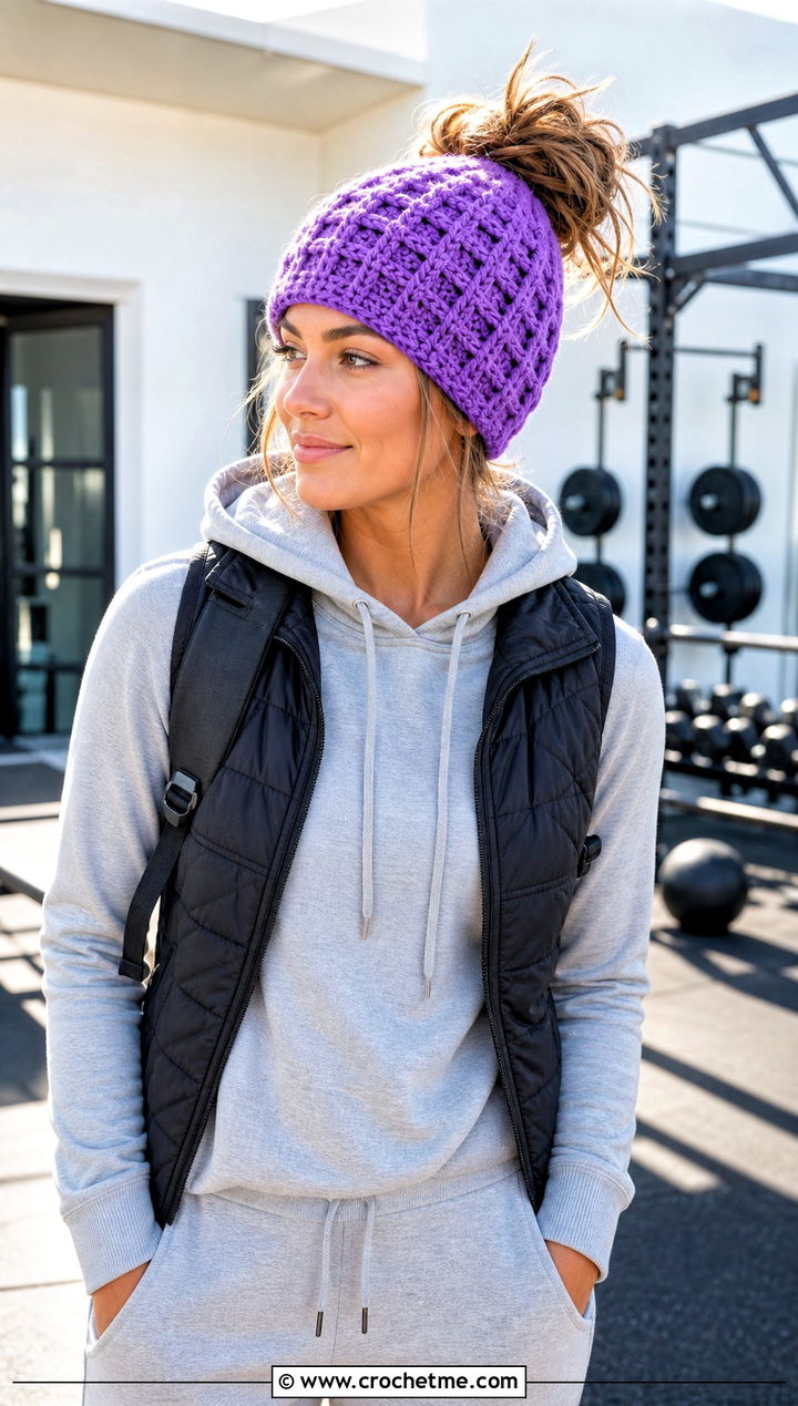 Waffle Stitch Messy Bun Crochet Hat With Hoodie And Joggers - 25 Easy Messy Bun Crochet Hat outfit ideas
