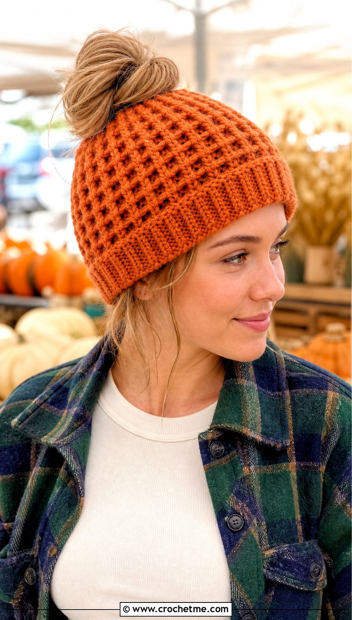 Waffle Stitch Messy Bun Crochet Hat With Shacket - 25 messy bun crochet hat with hair tie outfit ideas