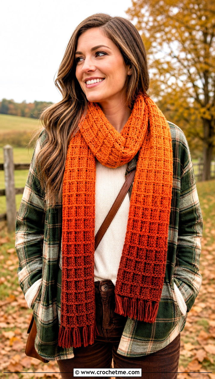 Waffle Stitch Ombre Crochet Scarf With Shacket - 25 Ombre Crochet Scarf outfit ideas