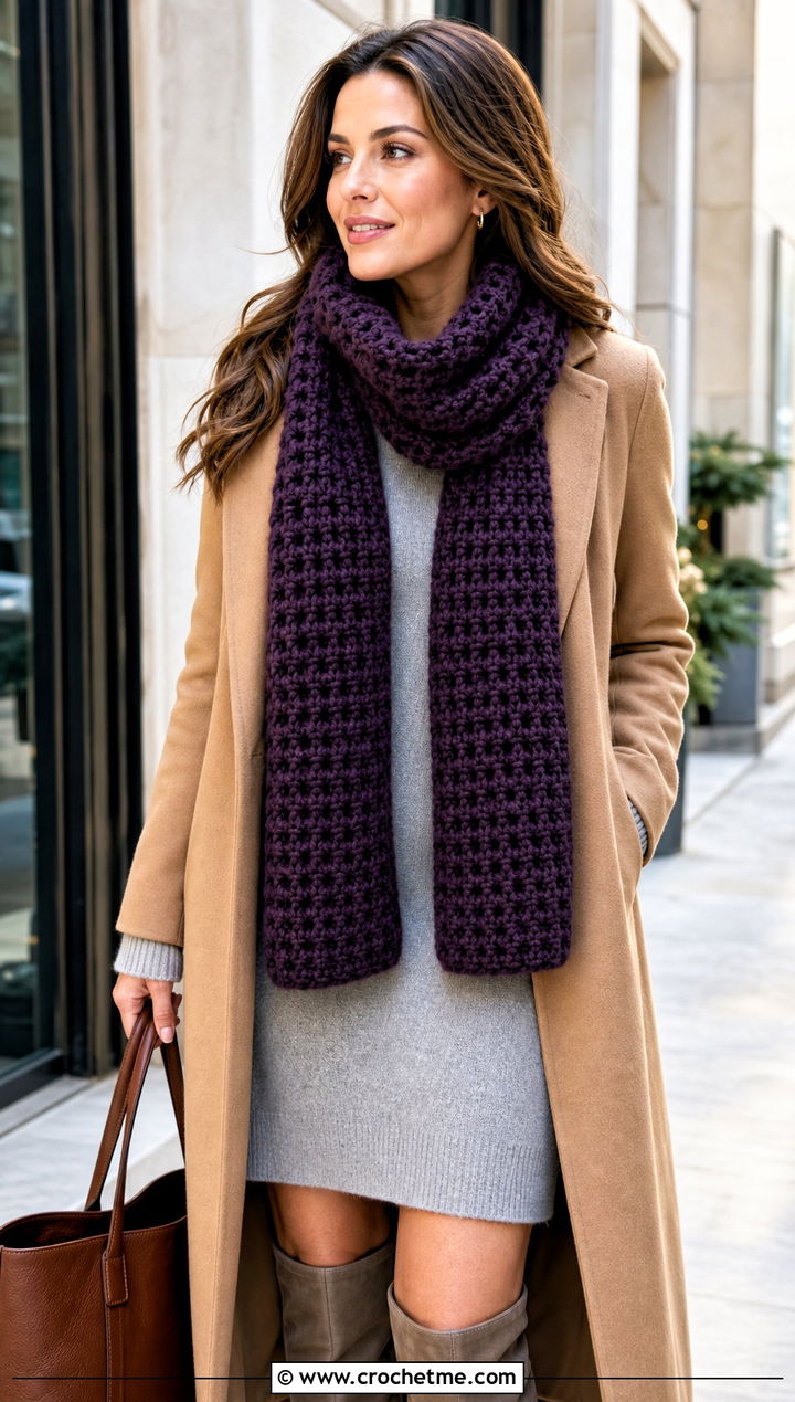 Waffle Stitch One Row Repeat Crochet Scarf With Sweater Dress - 20 one row repeat crochet scarf outfit ideas