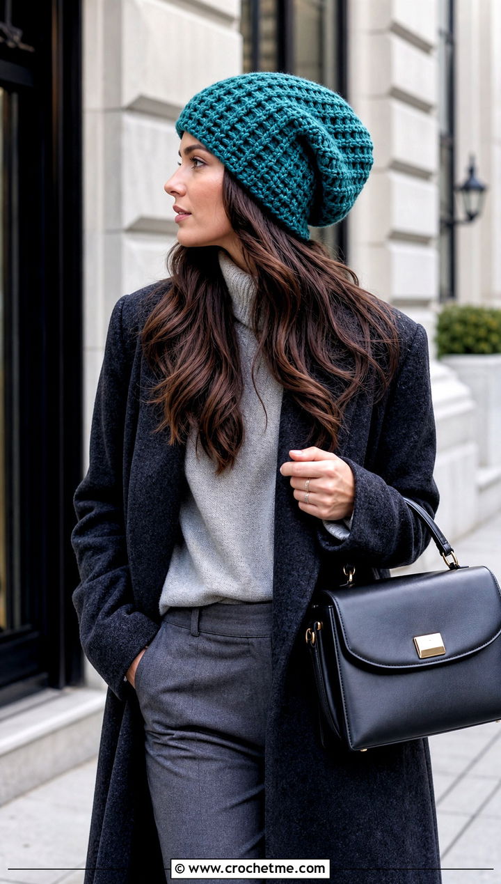 Waffle Stitch Oversized Crochet Beanie With Wool Coat - 15 Oversized Crochet Beanie outfit ideas