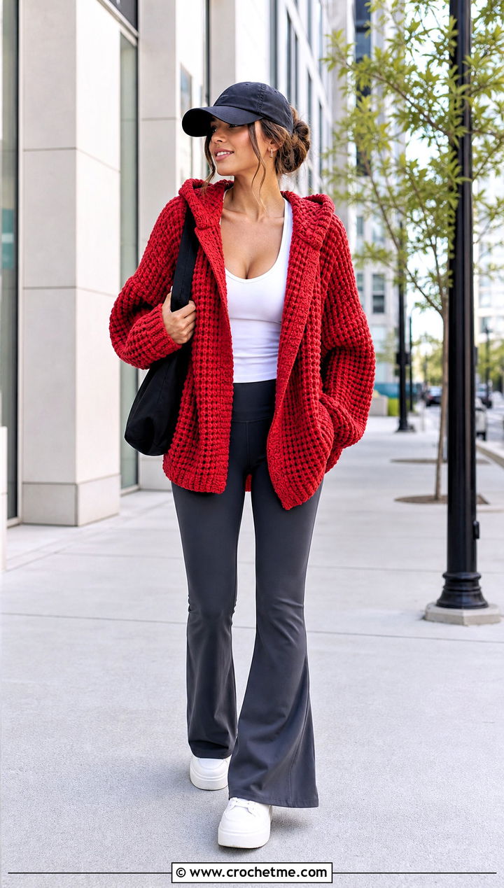 Waffle Stitch Oversized Crochet Hoodie With Flared Leggings - 20 oversized crochet hoodie outfit ideas