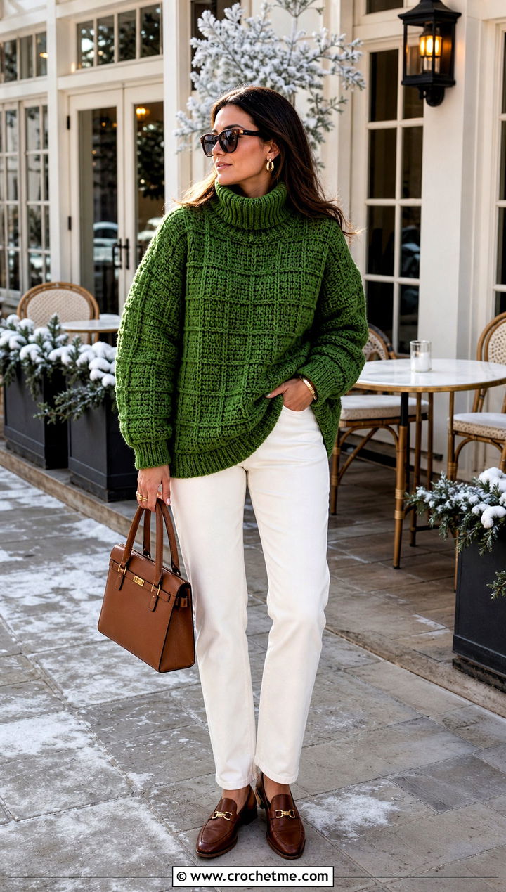 Waffle Stitch Oversized Turtleneck Crochet Sweater With White Jeans - 15 oversized turtleneck crochet sweater outfit ideas
