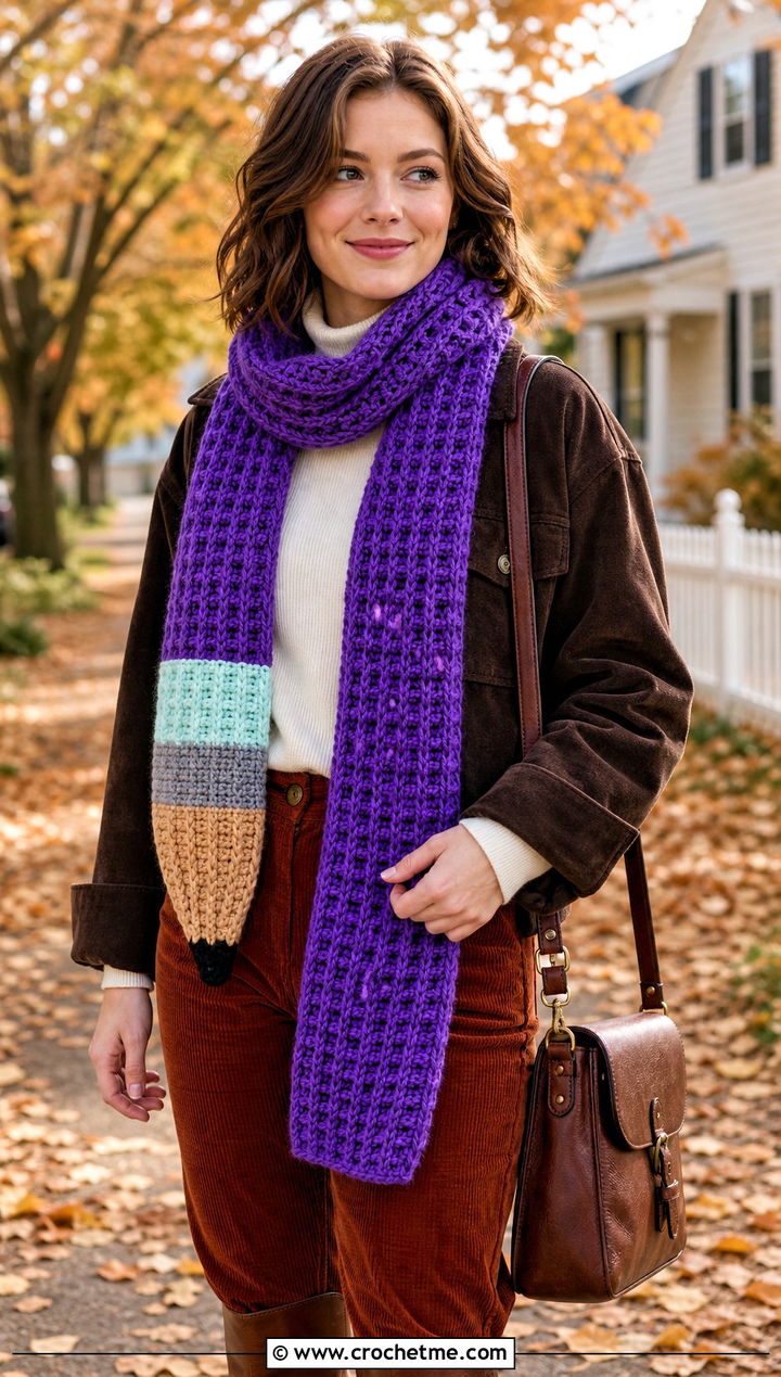 Waffle Stitch Pencil Crochet Scarf With Corduroy - 30 Pencil Crochet Scarf outfit ideas