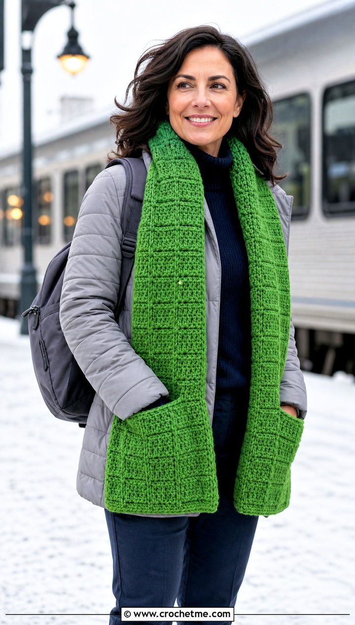 Waffle Stitch Pocket Scarf With Quilted Coat - 25 crochet pocket scarves outfit ideas