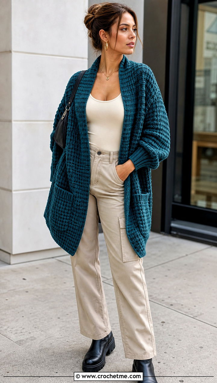 Waffle Stitch Pocket Shawl With Cargo Pants - 25 Crochet Pocket Scarf Shawl outfit ideas