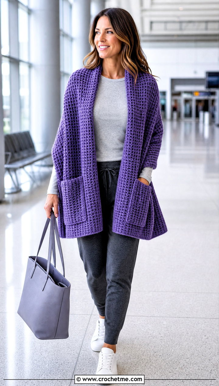 Waffle Stitch Pocket Shawl With Joggers - 35 crochet wrap with pockets outfit ideas