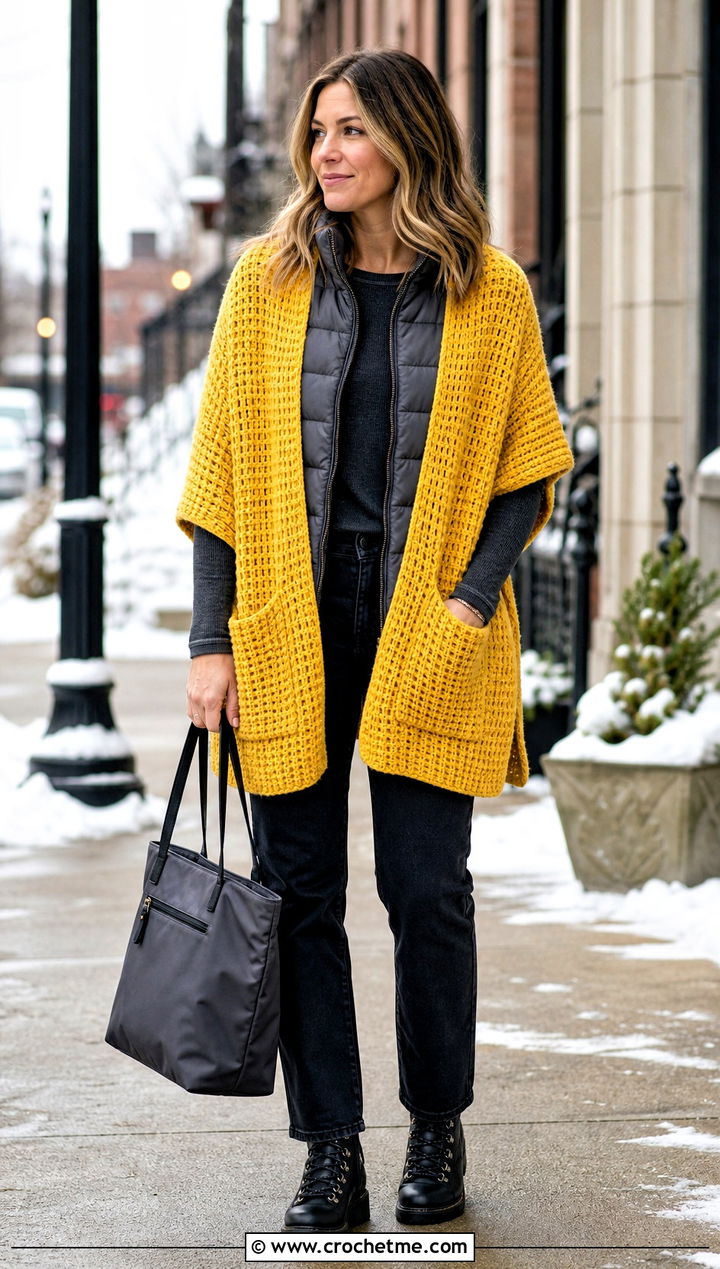 Waffle Stitch Pocket Shawl With Puffer Vest - 25 Easy Crochet Shawl With Pockets outfit ideas