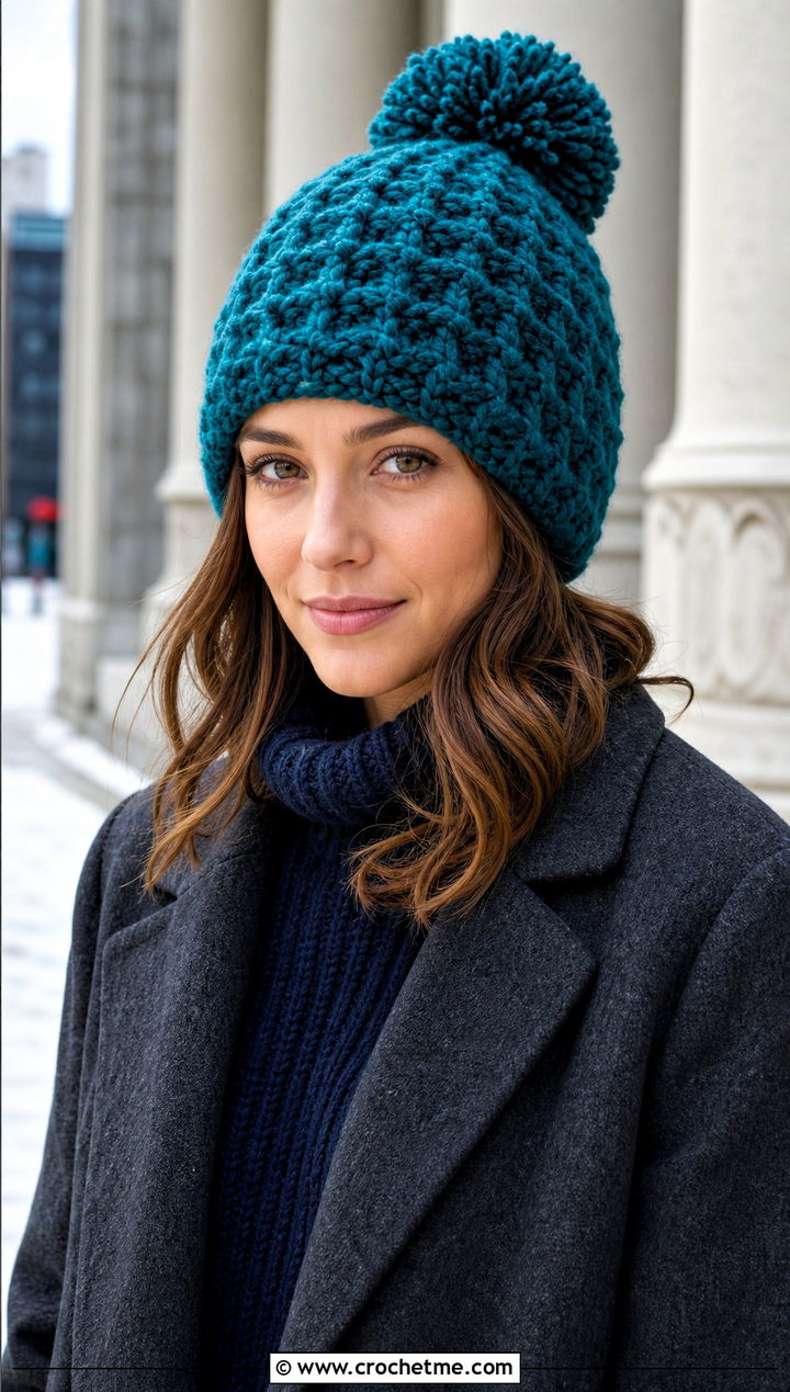 Waffle Stitch Pom Pom Beanie With Wool Coat - 30 crochet beanie with pom pom outfit ideas