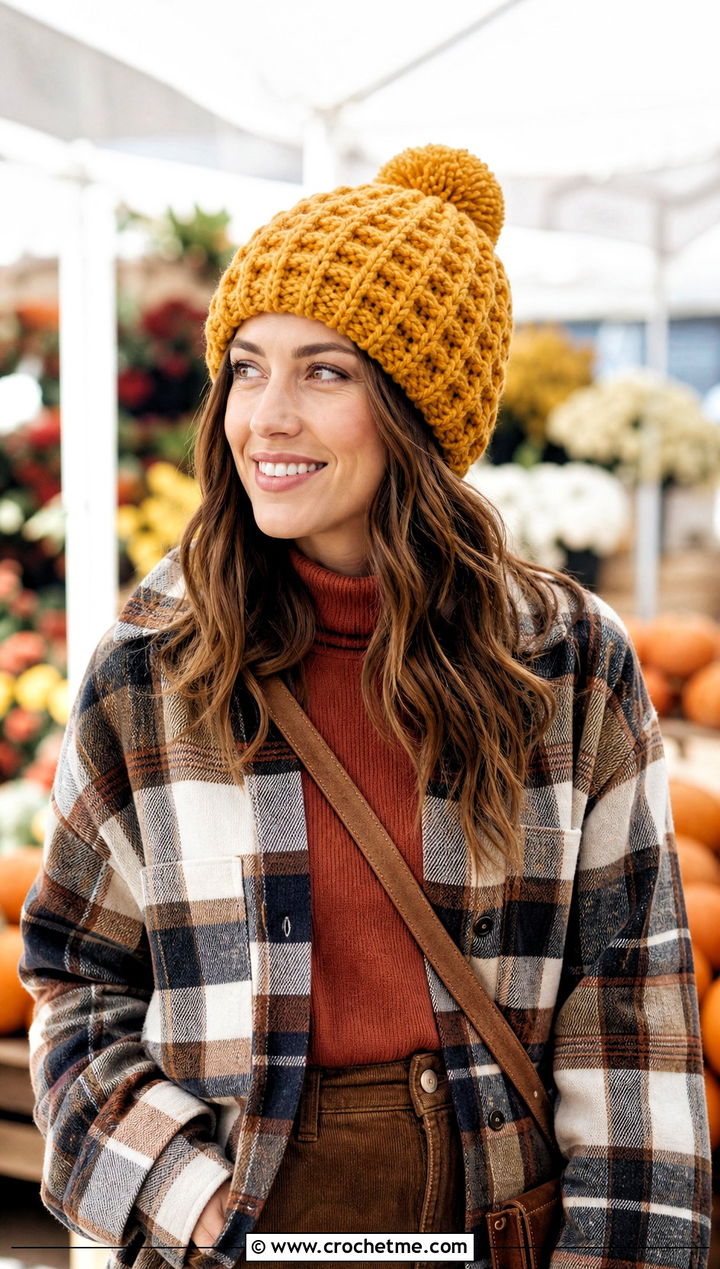 Waffle Stitch Pom Pom Crochet Hat With Shacket And Corduroy Pants - 30 crochet hat with pom pom outfit ideas