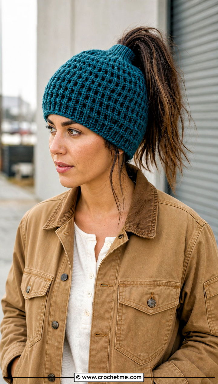 Waffle Stitch Ponytail Beanie With Chore Jacket And Cargo Pants - 30 crochet beanie with ponytail hole outfit ideas