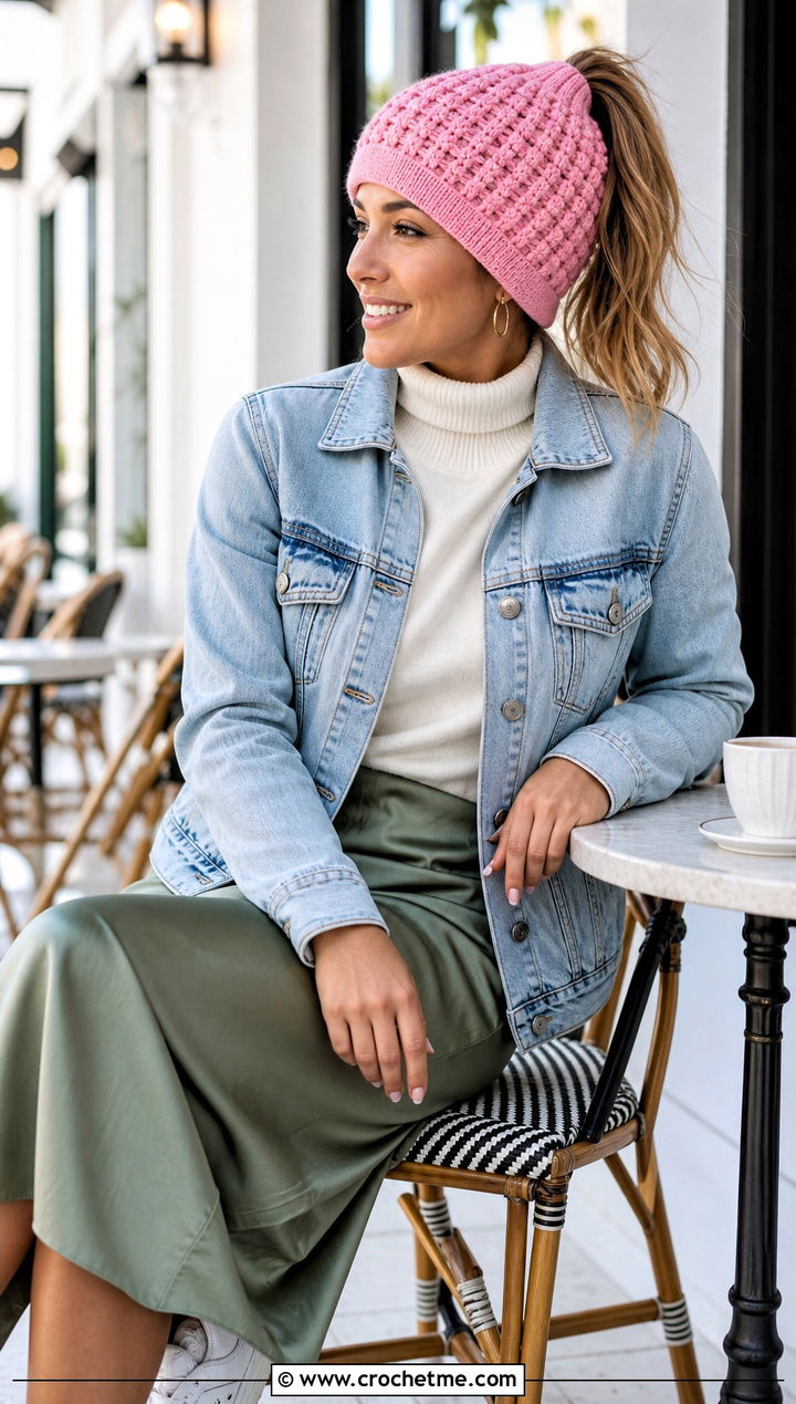 Waffle Stitch Ponytail Hat With Denim Jacket - 30 ponytail crochet hat outfit ideas
