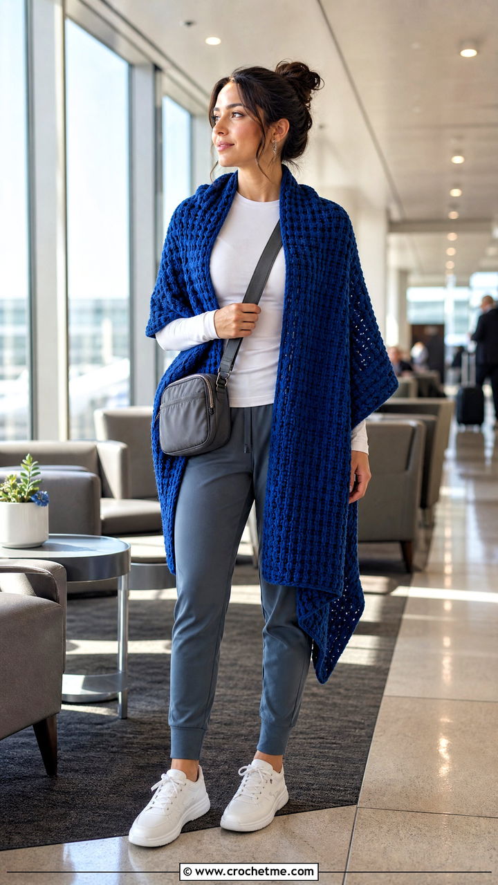 Waffle Stitch Prayer Shawl With Joggers And Trainers - 35 easy crochet prayer shawls outfit ideas