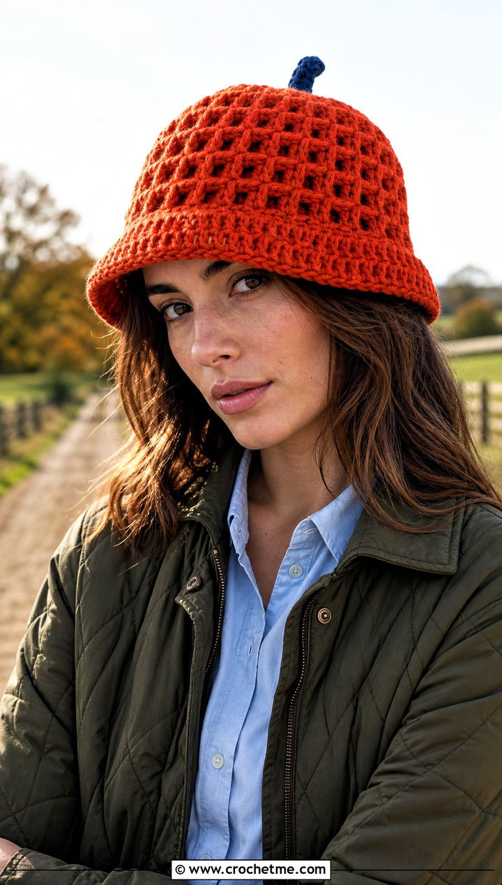 Waffle Stitch Pumpkin Bucket Hat With Quilted Jacket - 30 crochet pumpkin bucket hat outfit ideas
