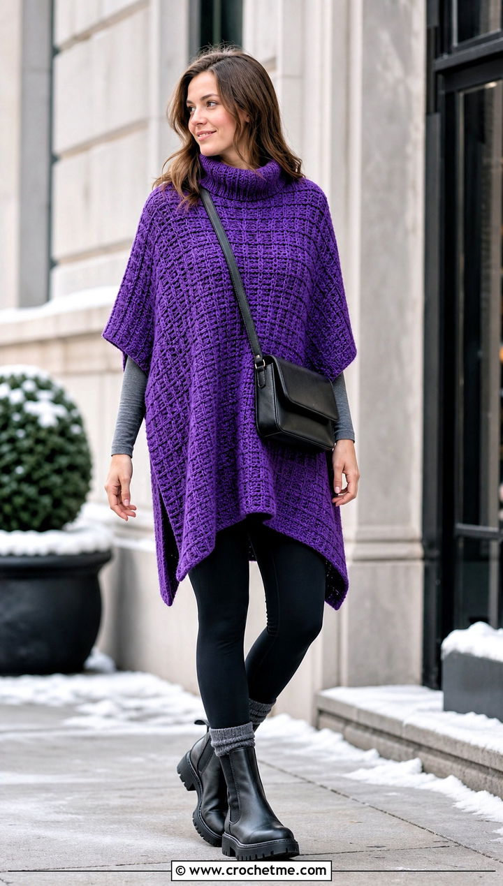 Waffle Stitch Rectangle Crochet Poncho With Leggings - 15 Easy Crochet Poncho From A Rectangle outfit ideas
