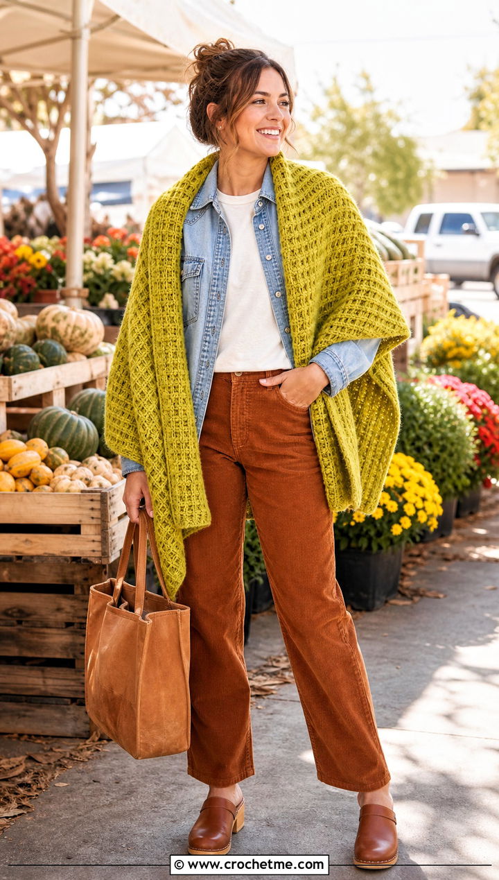Waffle Stitch Rectangle Crochet Shawl With Corduroy Pants - 20 Rectangle Crochet Shawl outfit ideas