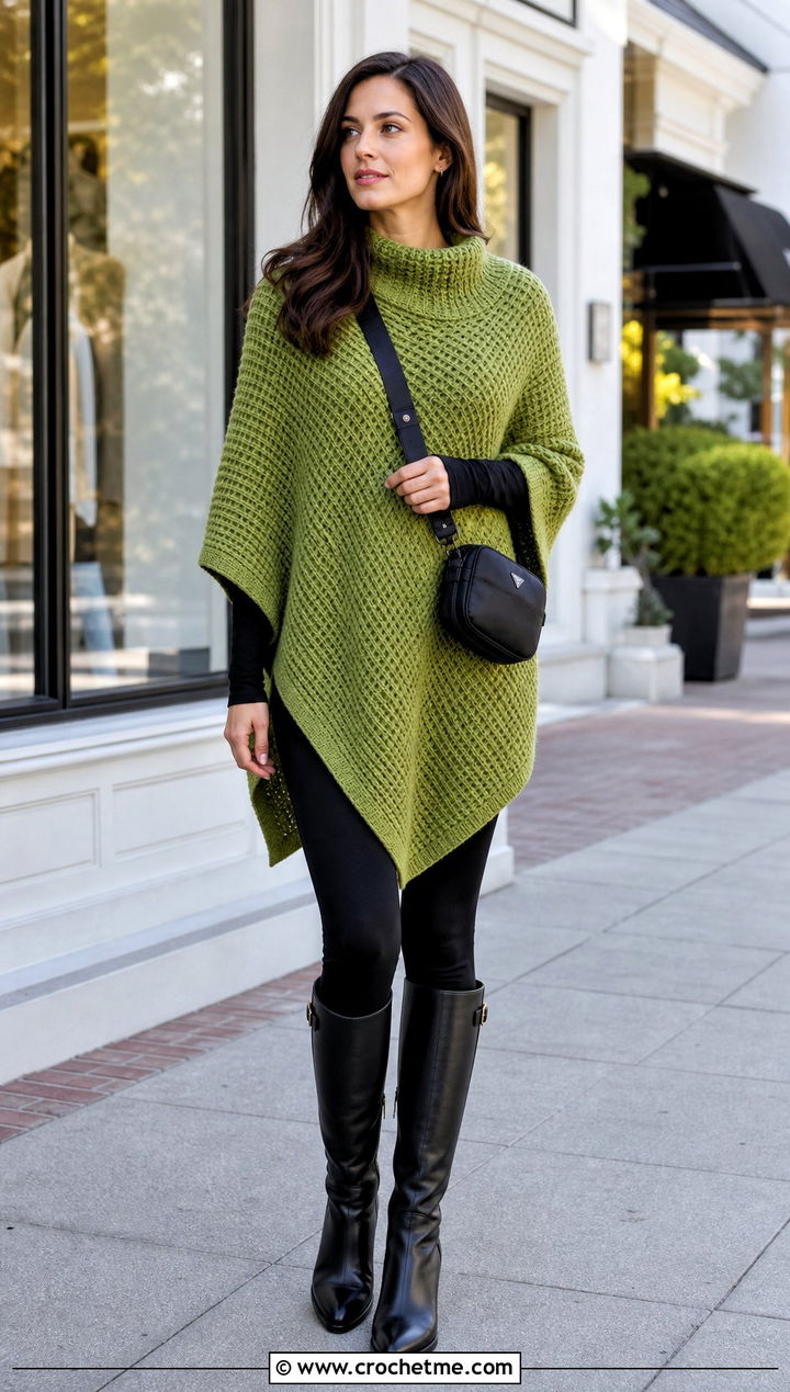 Waffle Stitch Rectangle Poncho With Leggings - 30 crochet rectangle poncho outfit ideas