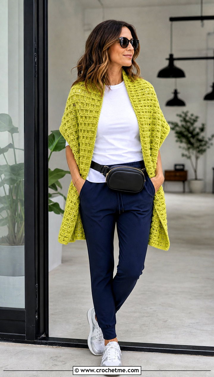 Waffle Stitch Rectangle Shawl With Track Pants - 25 Easy Crochet Rectangle Shawl outfit ideas