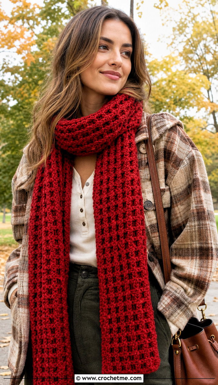 Waffle Stitch Red Crochet Scarf With Shacket And Corduroy Pants - 25 taylor swift red crochet scarf outfit ideas