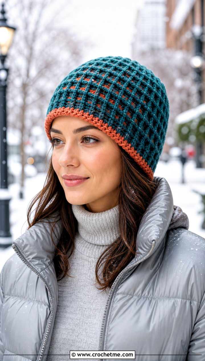 Waffle Stitch Reversible Crochet Beanie With Puffer Jacket - 15 Reversible Crochet Beanie outfit ideas