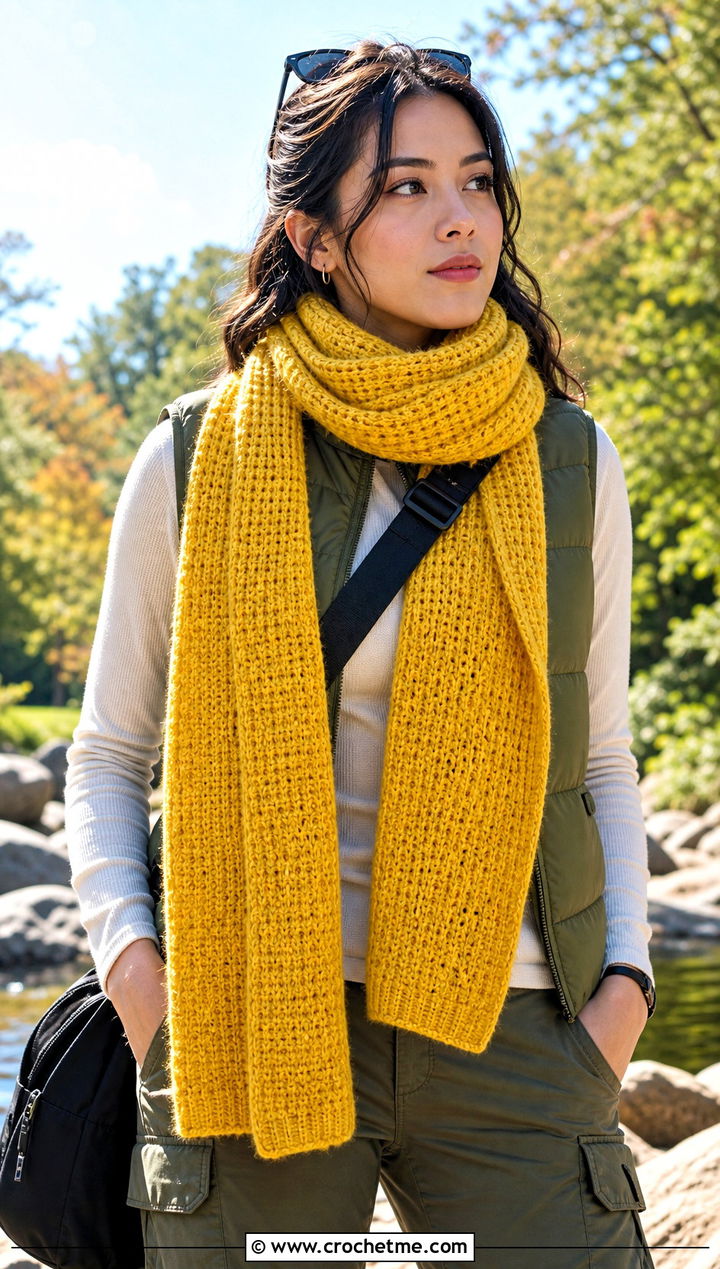 Waffle Stitch Sampler Scarf With Puffer Vest - 20 Crochet Stitch Sampler Scarf outfit ideas