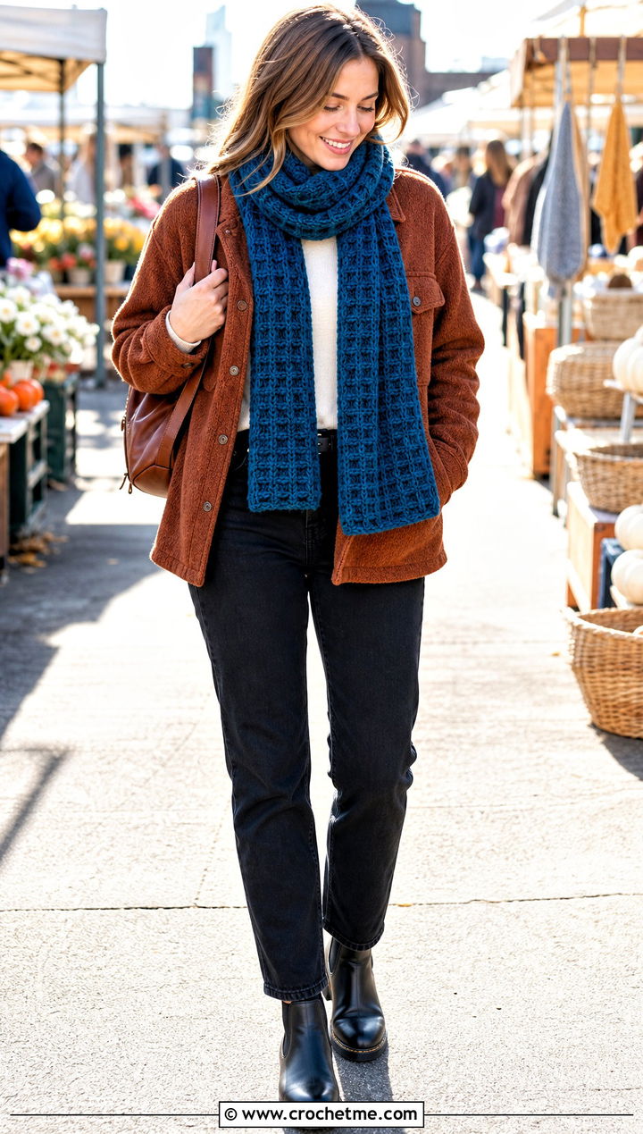 Waffle Stitch Scarf With Shacket And Boots - 35 crochet neck scarf outfit ideas