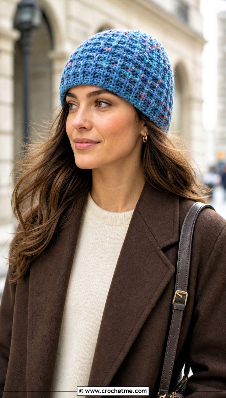 Waffle Stitch Scrap Yarn Crochet Beanie With Sweater Dress - 30 scrap yarn crochet beanie outfit ideas