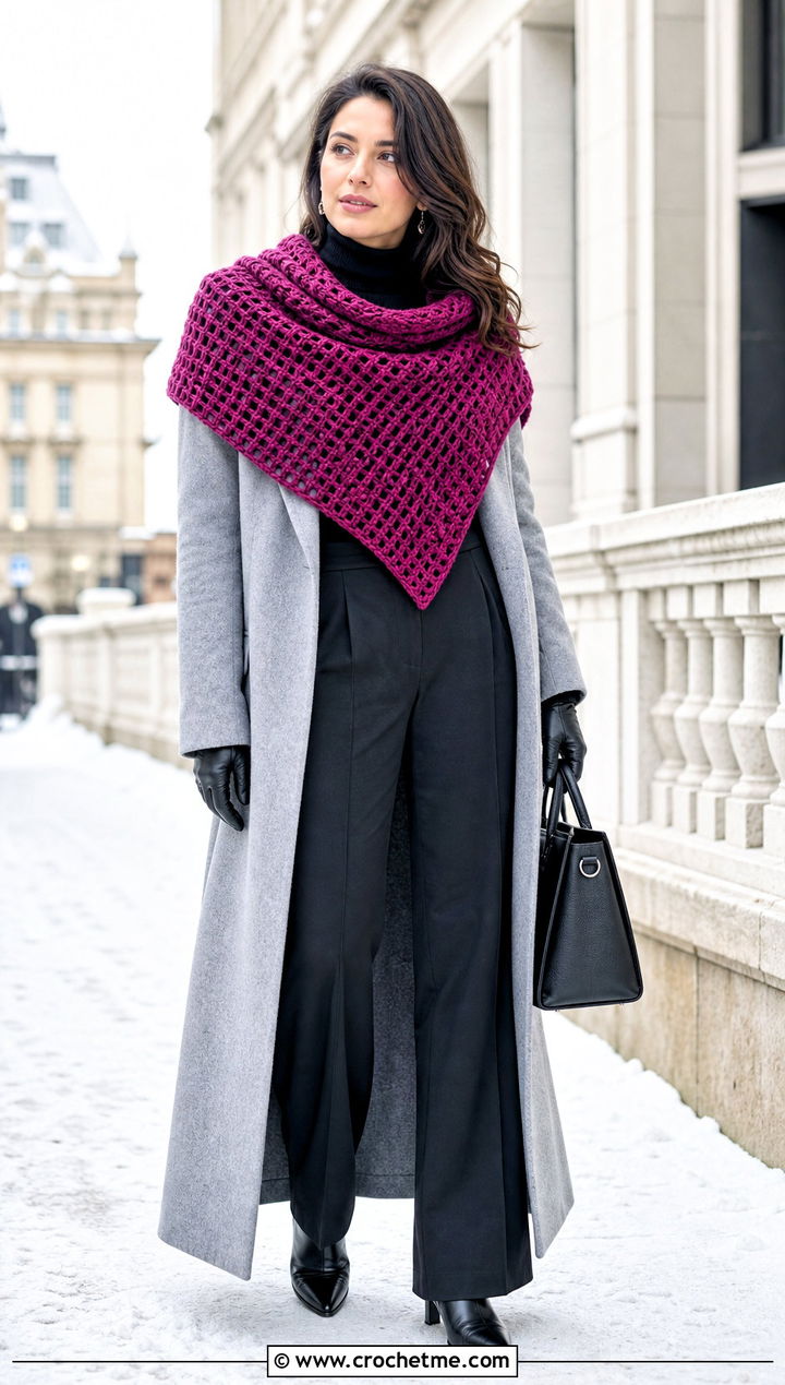 Waffle Stitch Shawl Scarf With Maxi Coat - 30 waffle stitch crochet scarf outfit ideas