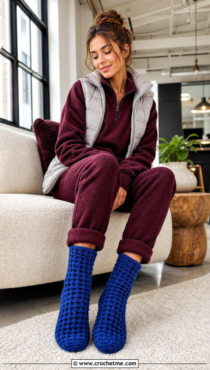 Waffle Stitch Slipper Crochet Winter Socks With Fleece Set - 30 crochet winter socks outfit ideas
