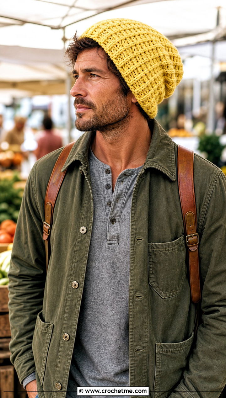 Waffle Stitch Slouch Crochet Beanie With Chore Coat - 20 Mens Slouch Crochet Beanie outfit ideas