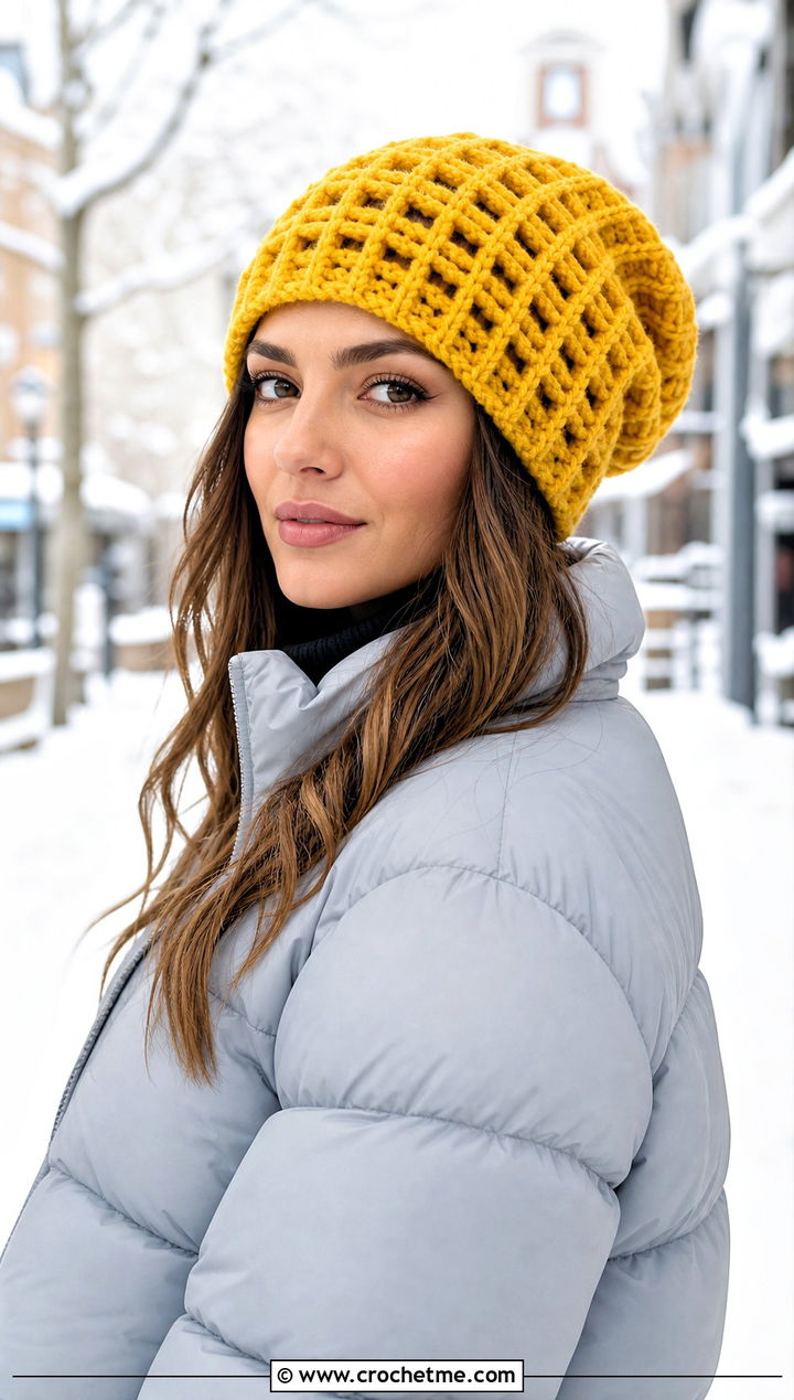 Waffle Stitch Slouch Crochet Beanie With Puffer Jacket - 30 slouch crochet beanie outfit ideas