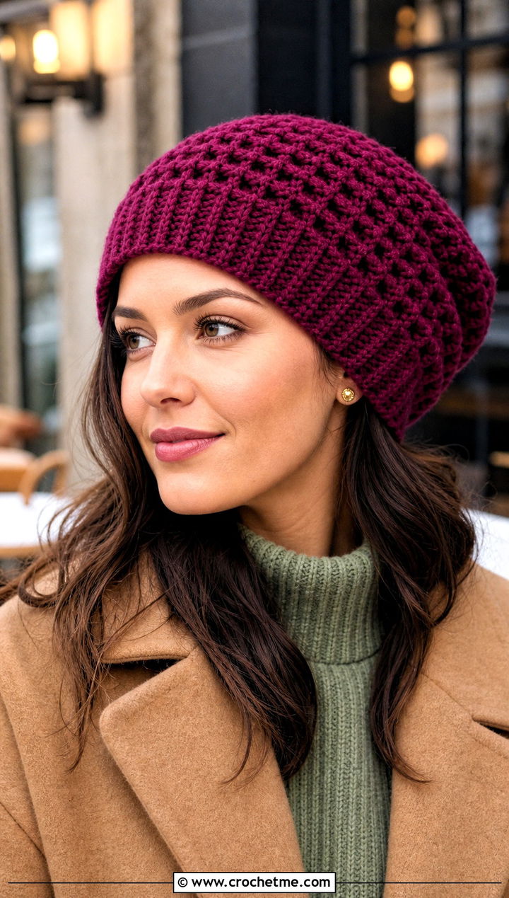 Waffle Stitch Slouch Crochet Hat With Sweater Dress - 30 slouch crochet hat outfit ideas