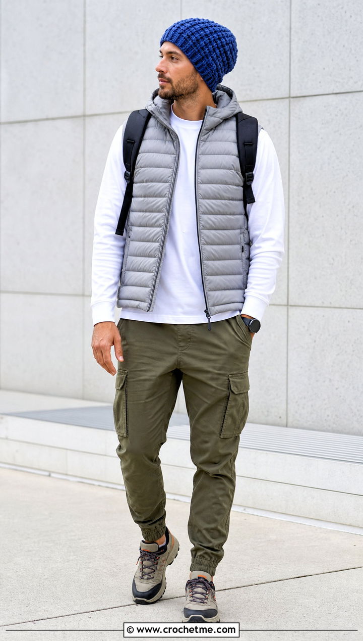 Waffle Stitch Slouchy Beanie With Puffer Vest - 35 Crochet Slouchy Hat Mens Slouch Beanie outfit ideas
