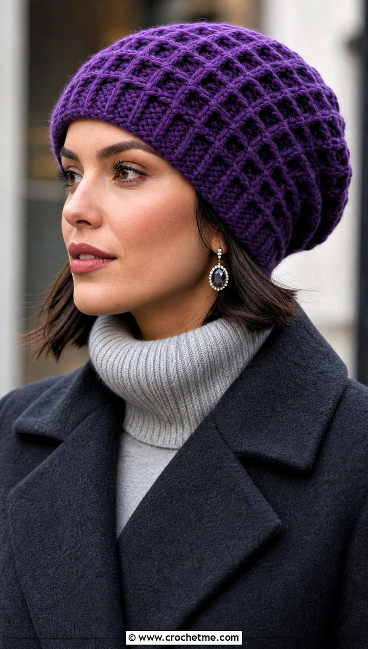 Waffle Stitch Slouchy Crochet Beanie With Wool Coat - 25 Easy Slouchy Crochet Beanie outfit ideas