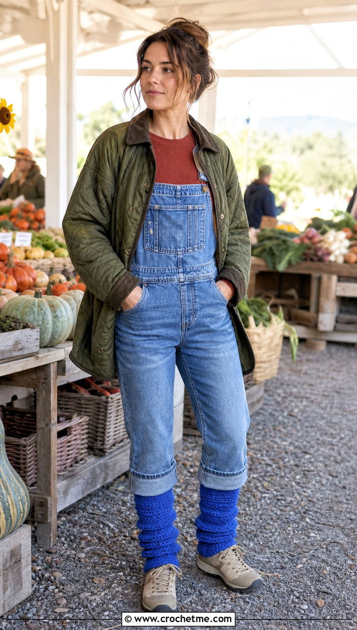 Waffle Stitch Slouchy Crochet Leg Warmers With Denim Overalls - 25 Slouchy Crochet Leg Warmers outfit ideas