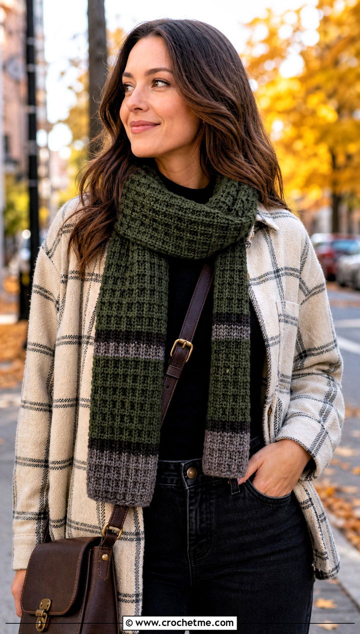 Waffle Stitch Slytherin Crochet Scarf With Shacket - 30 slytherin crochet scarf outfit ideas