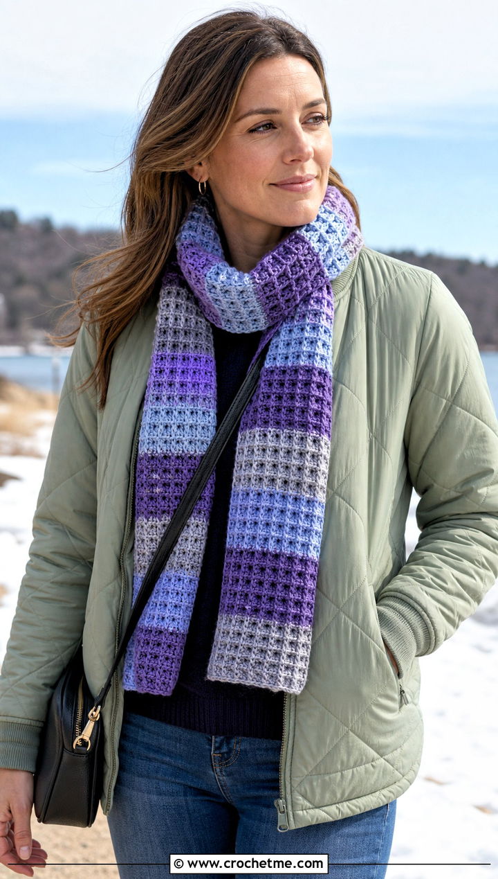 Waffle Stitch Stripe Crochet Scarf With Quilted Jacket - 30 Stripe Crochet Scarf outfit ideas