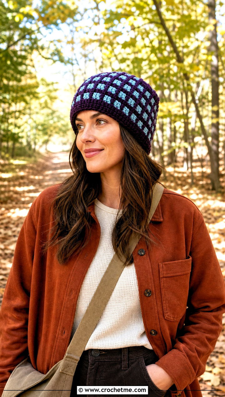 Waffle Stitch Striped Crochet Beanie With Shacket - 25 striped crochet beanie outfit ideas