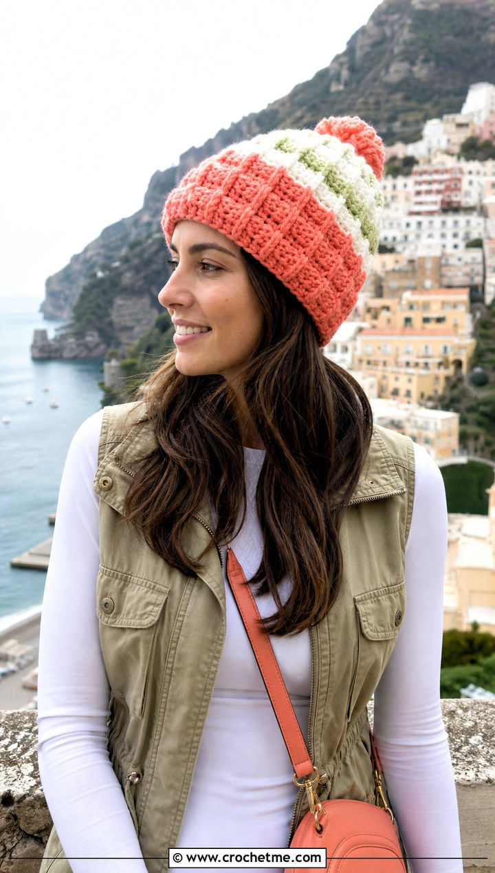 Waffle Stitch Striped Crochet Beanie With Utility Vest - 15 Crochet Striped Beanies outfit ideas