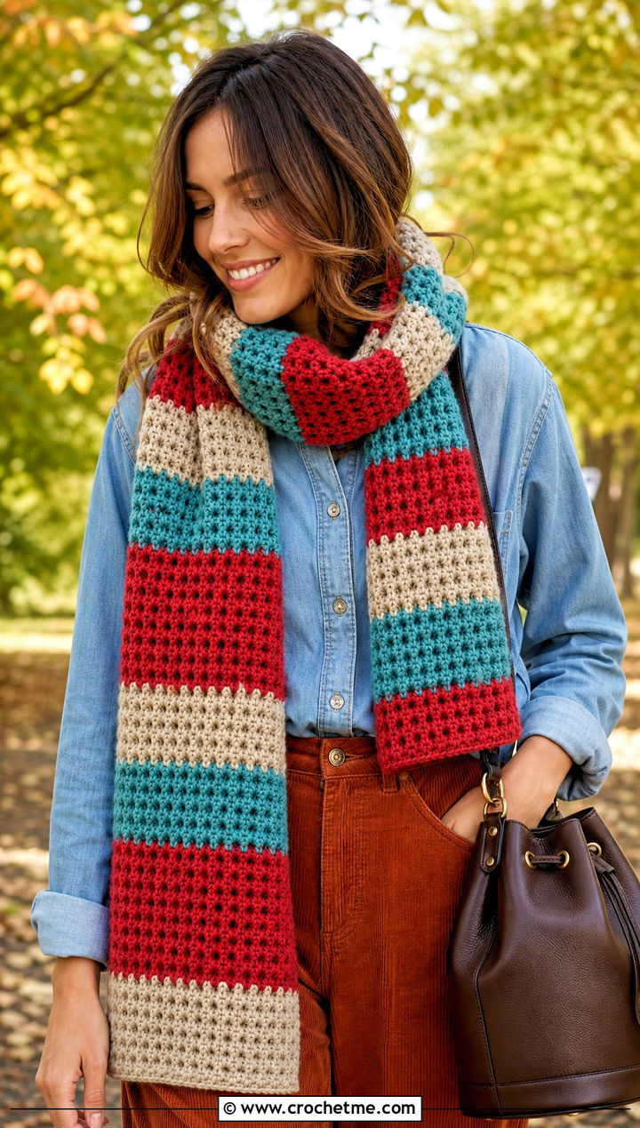Waffle Stitch Striped Crochet Scarf With Denim Shirt - 30 striped crochet scarf outfit ideas